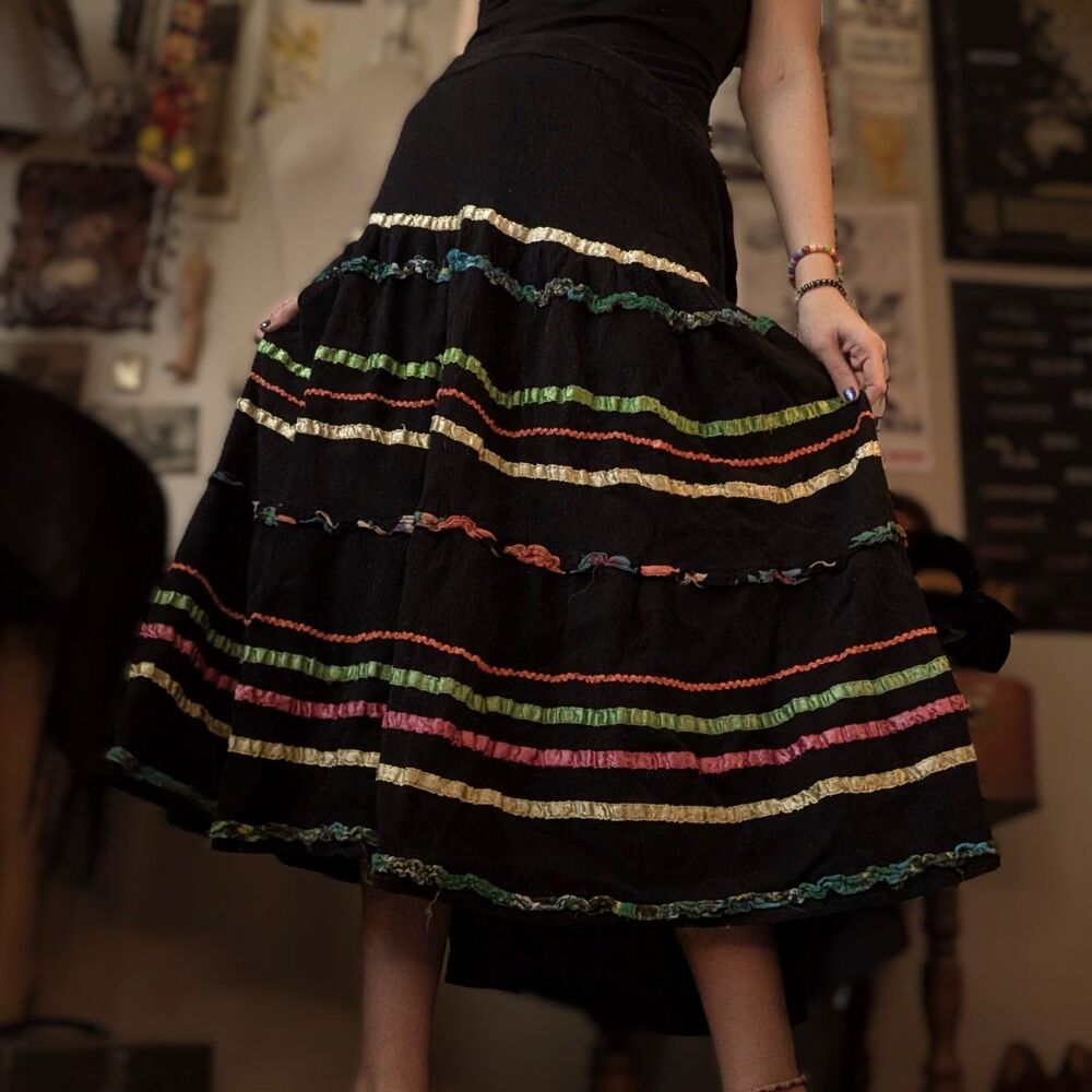 Vintage Tiered Ribbon Midi/Maxi Skirt Women's 1X Black